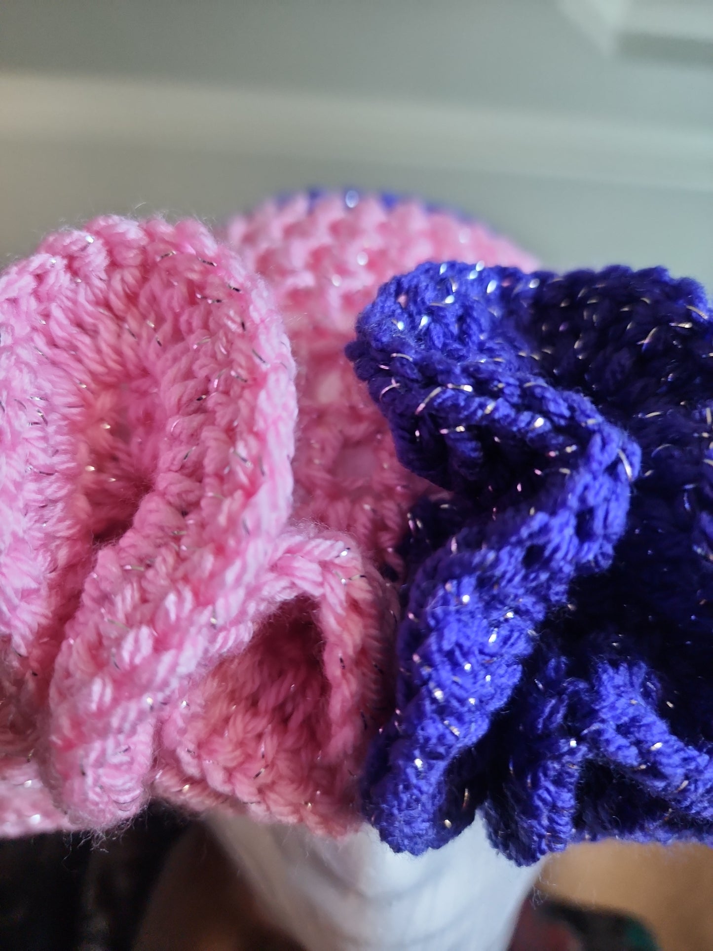 Pink Purple Sliver Crochet Ruffle Hat for Women and Teen Age Girls