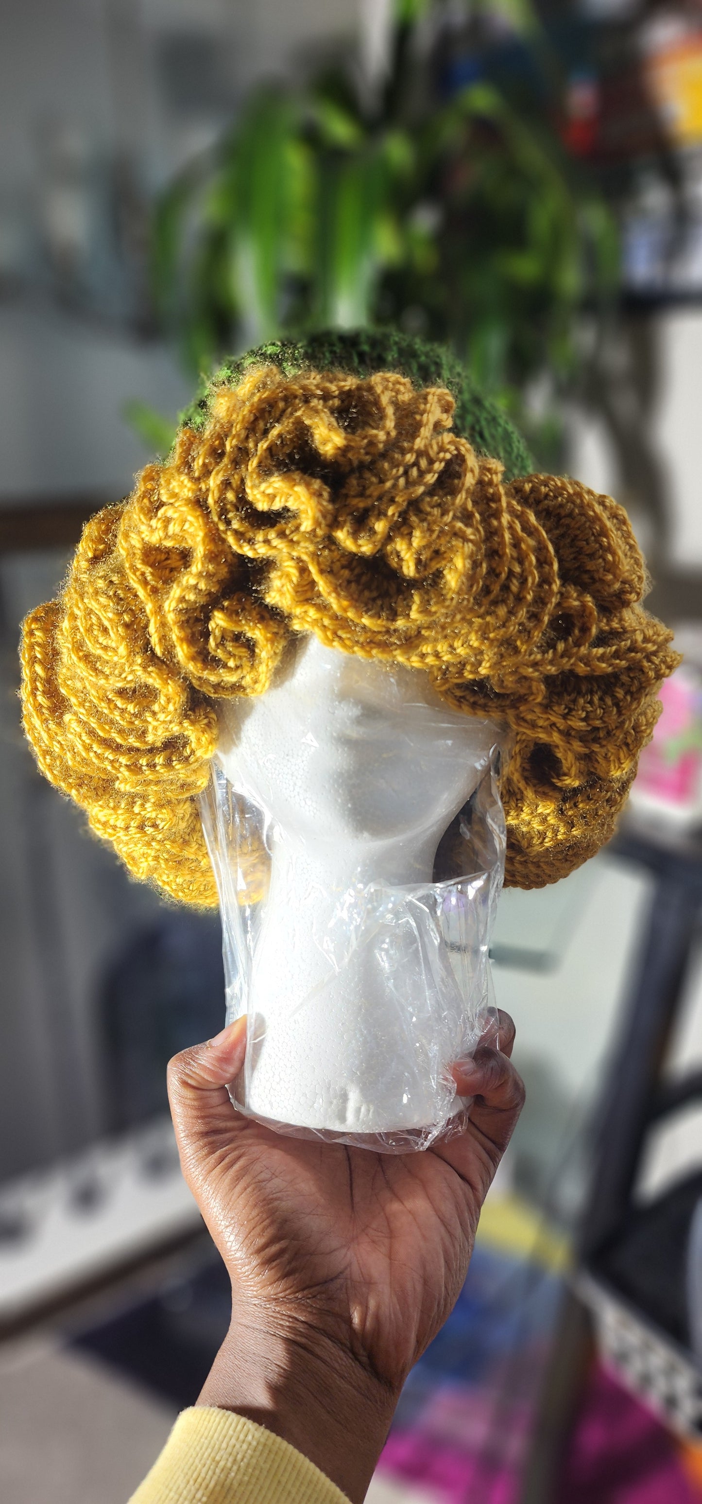 Green and gold feast day ruffle crochet hat custom made crown for women