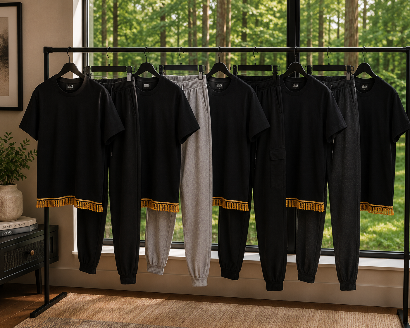 5-Shirt All Black Fringed Bundle | Ready-to-Wear Men’s Faith-Based Apparel with Ribbon of Blue