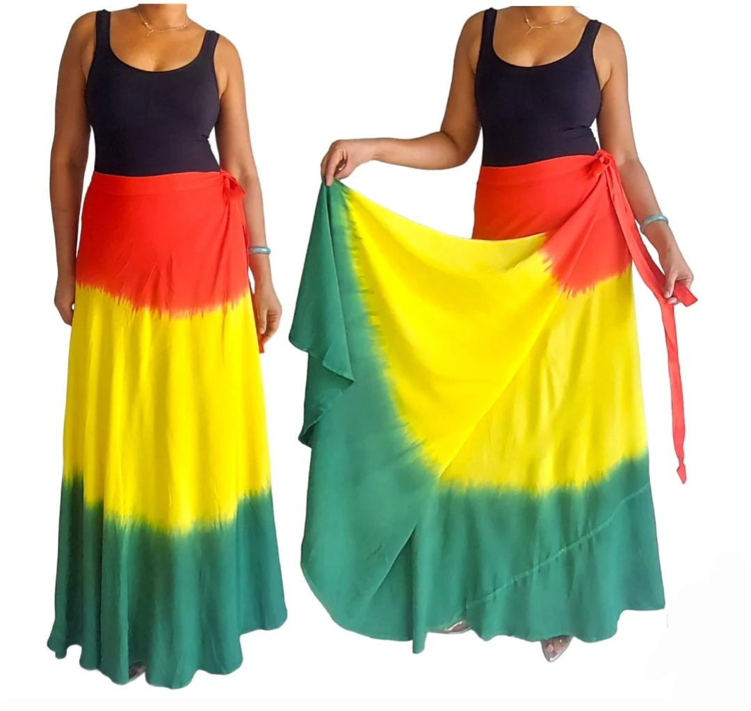 Red Yellow Green One-Size-Fit-All Wrap Skirt - Colorblock Design for Versatile Wear
