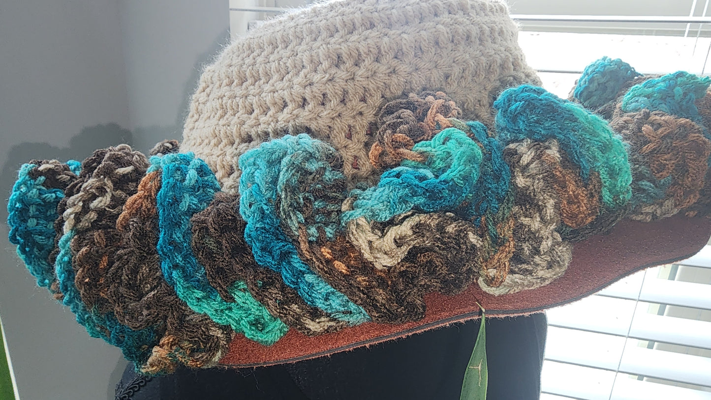 Blue Meadow and beige ruffle hat