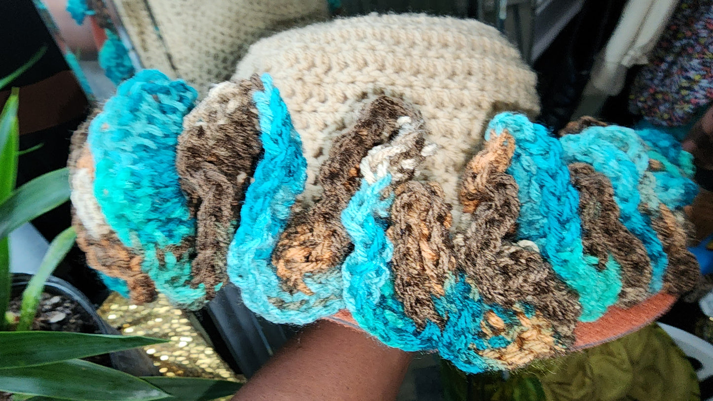 Blue Meadow and beige ruffle hat