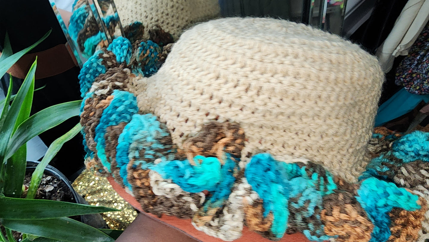 Blue Meadow and beige ruffle hat