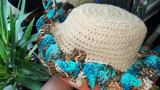 Blue Meadow and beige ruffle hat