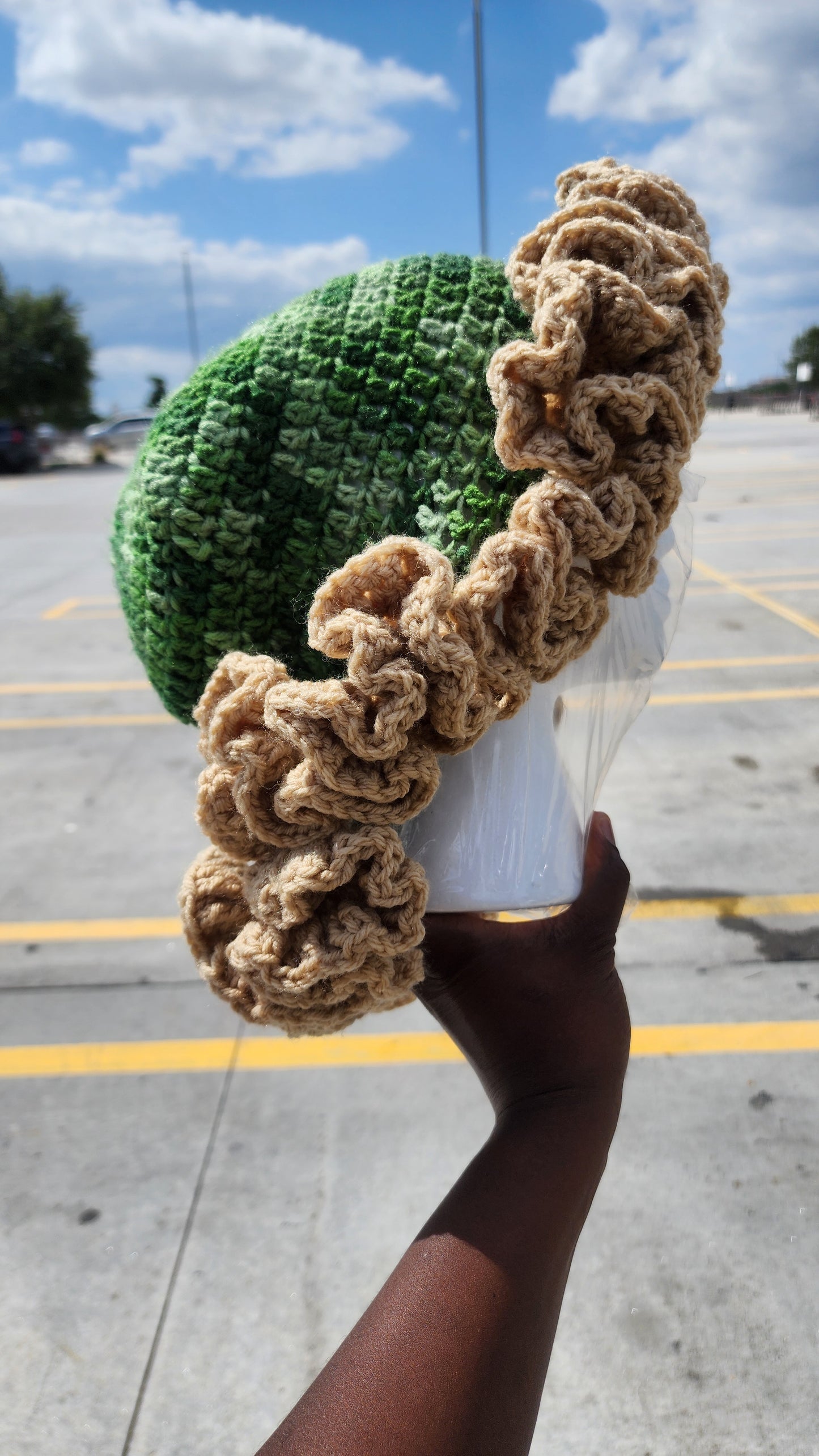 Green beige ruffle crochet hat