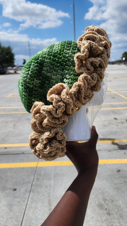 Green beige ruffle crochet hat