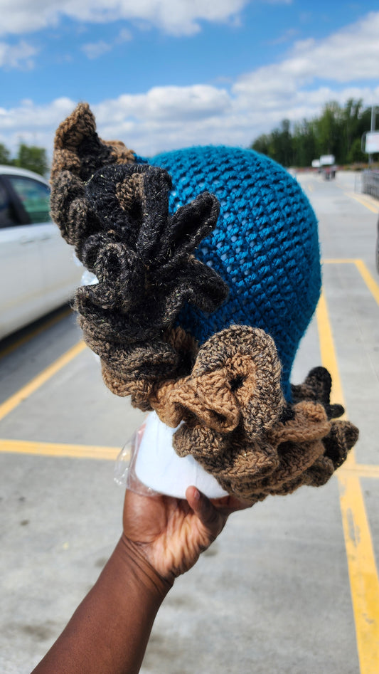 Blue Chocolate ruffle crochet hat womans comfortable crown