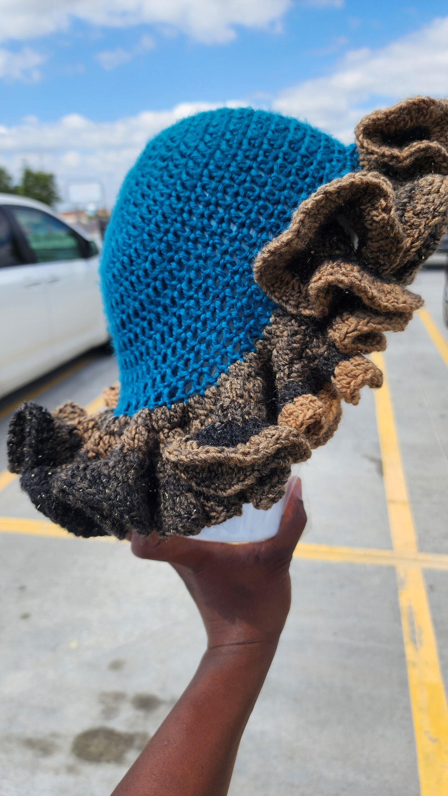 Blue Chocolate ruffle crochet hat womans comfortable crown
