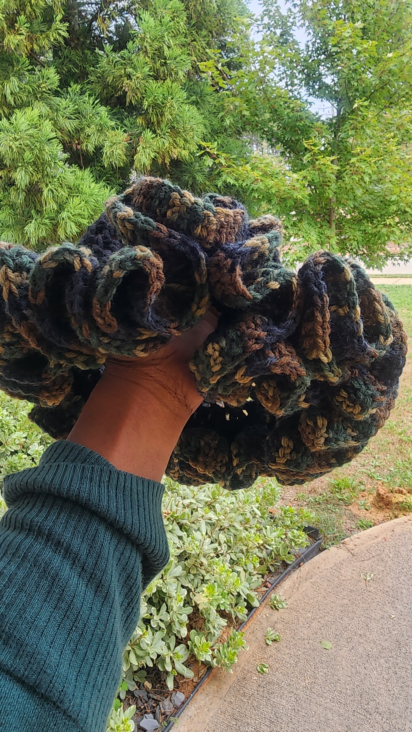 Comfortable womans camouflage and black custom made ruffle hat