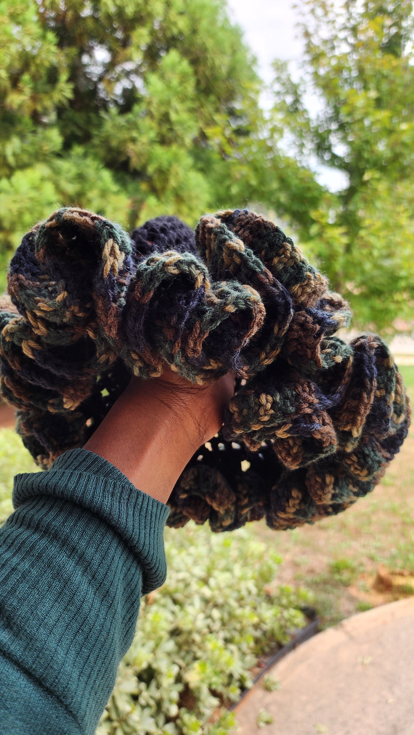 Comfortable womans camouflage and black custom made ruffle hat