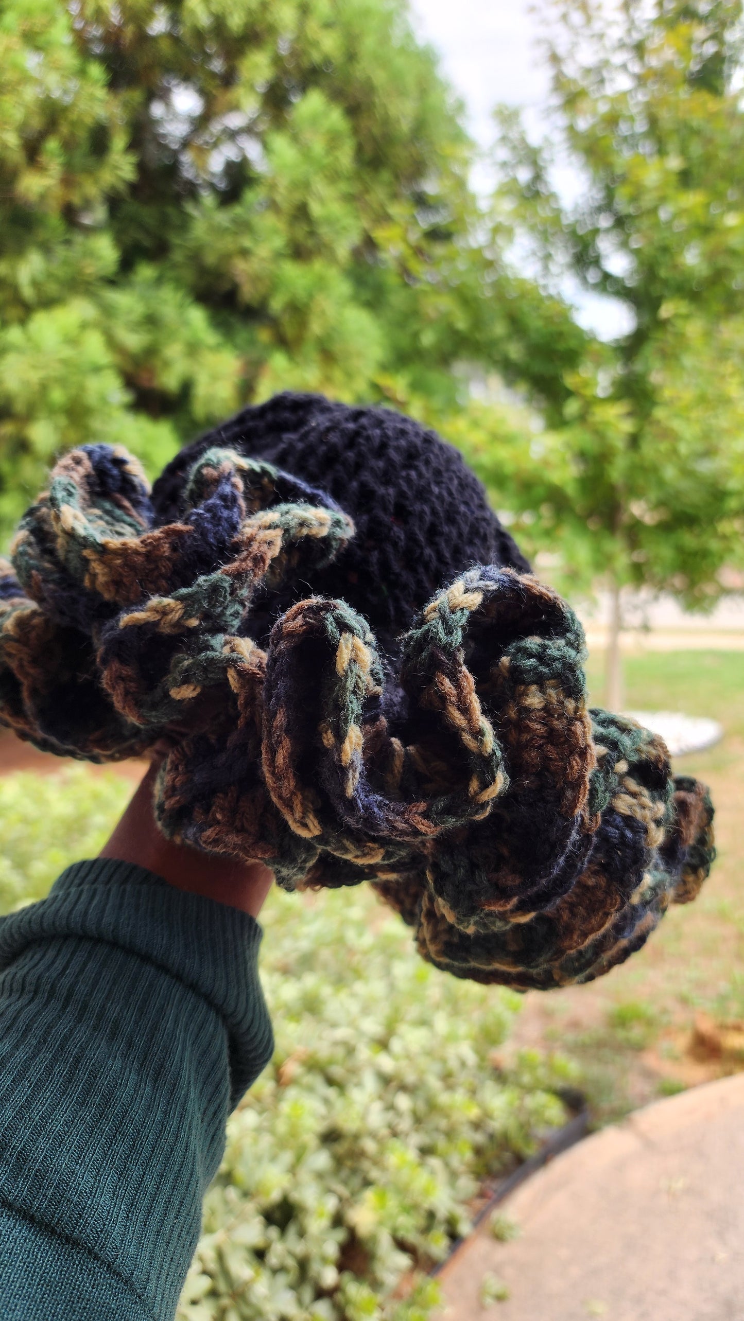 Comfortable womans camouflage and black custom made ruffle hat