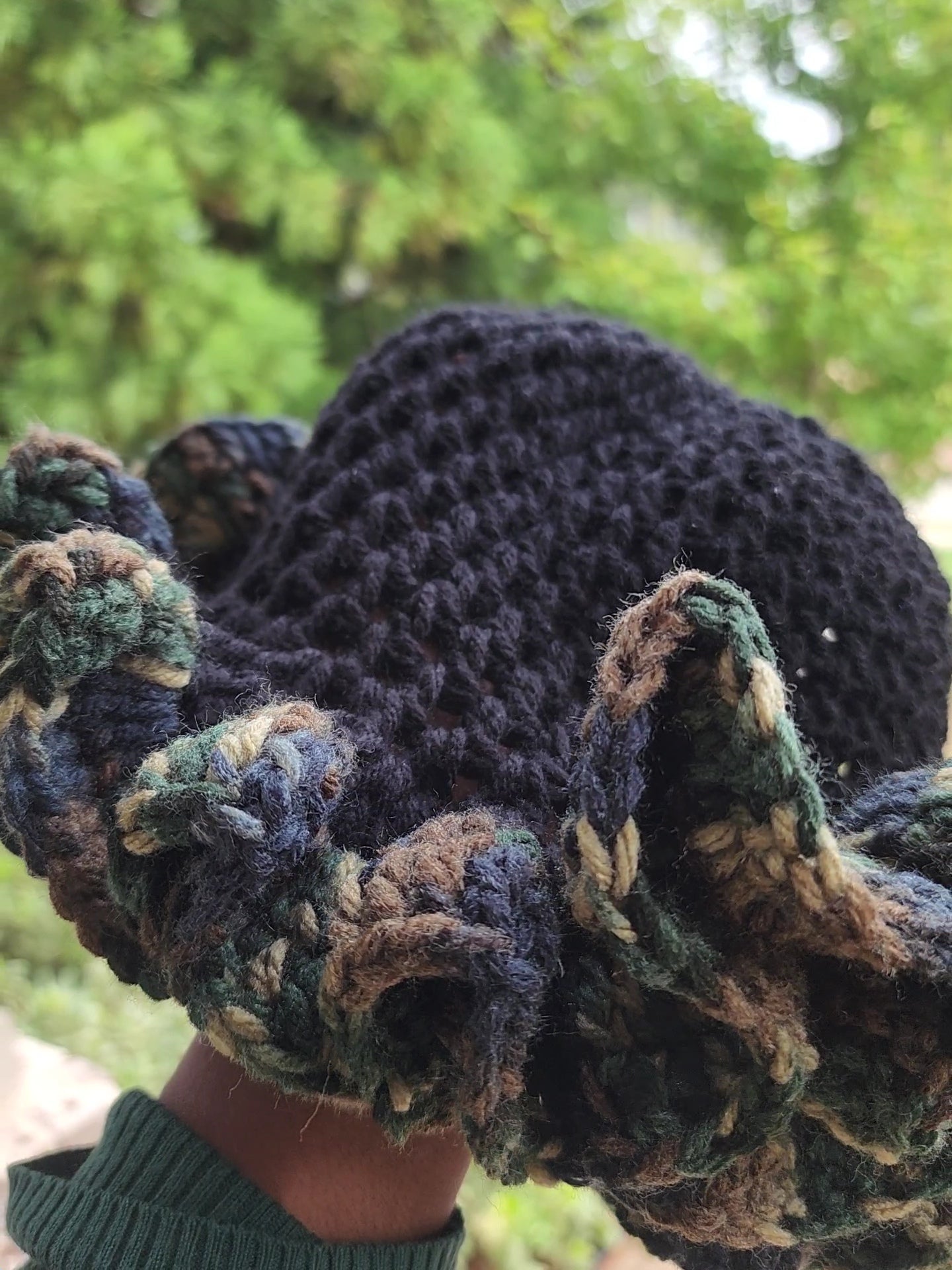 Comfortable womans camouflage and black custom made ruffle hat