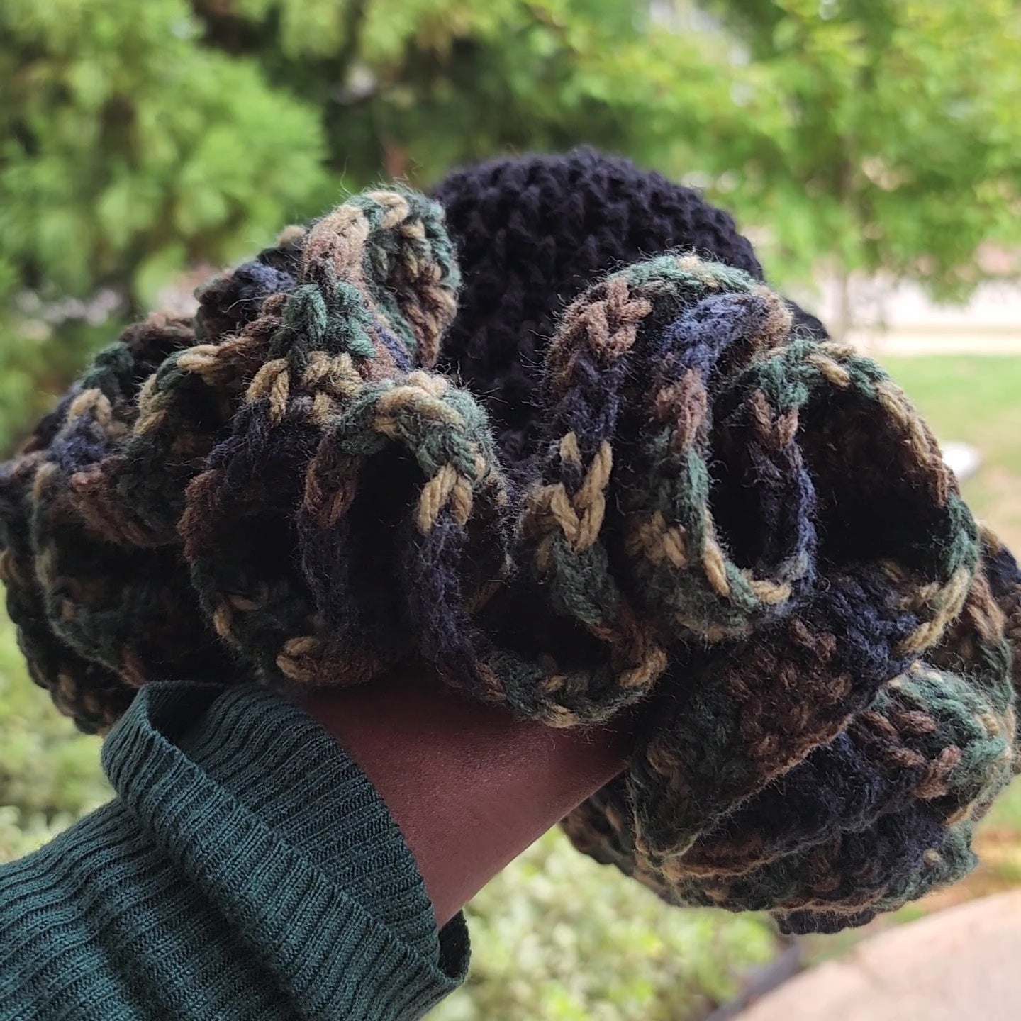 Comfortable womans camouflage and black custom made ruffle hat