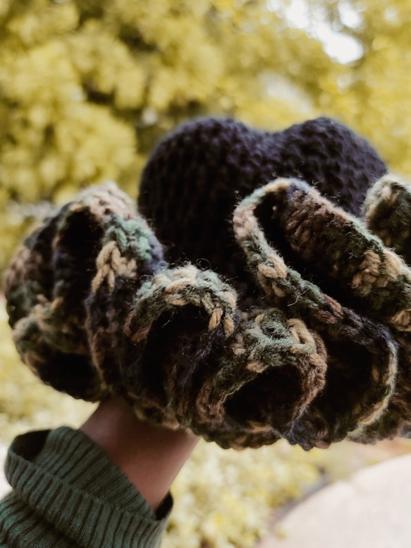 Comfortable womans camouflage and black custom made ruffle hat