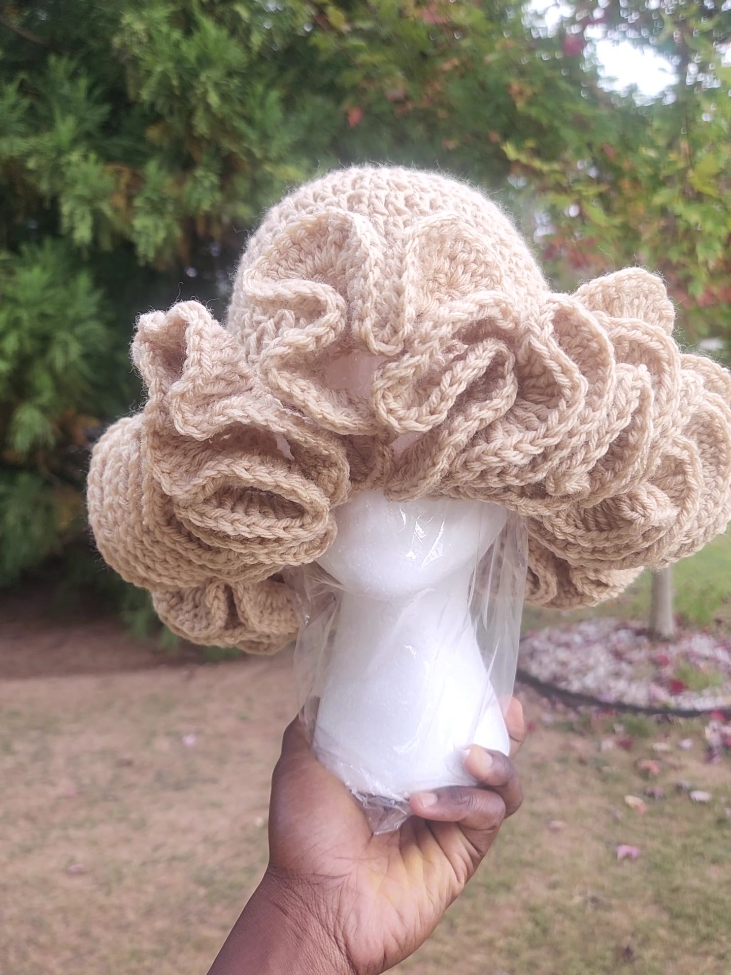 Soft and comfortable womans Beige crochet ruffle hat