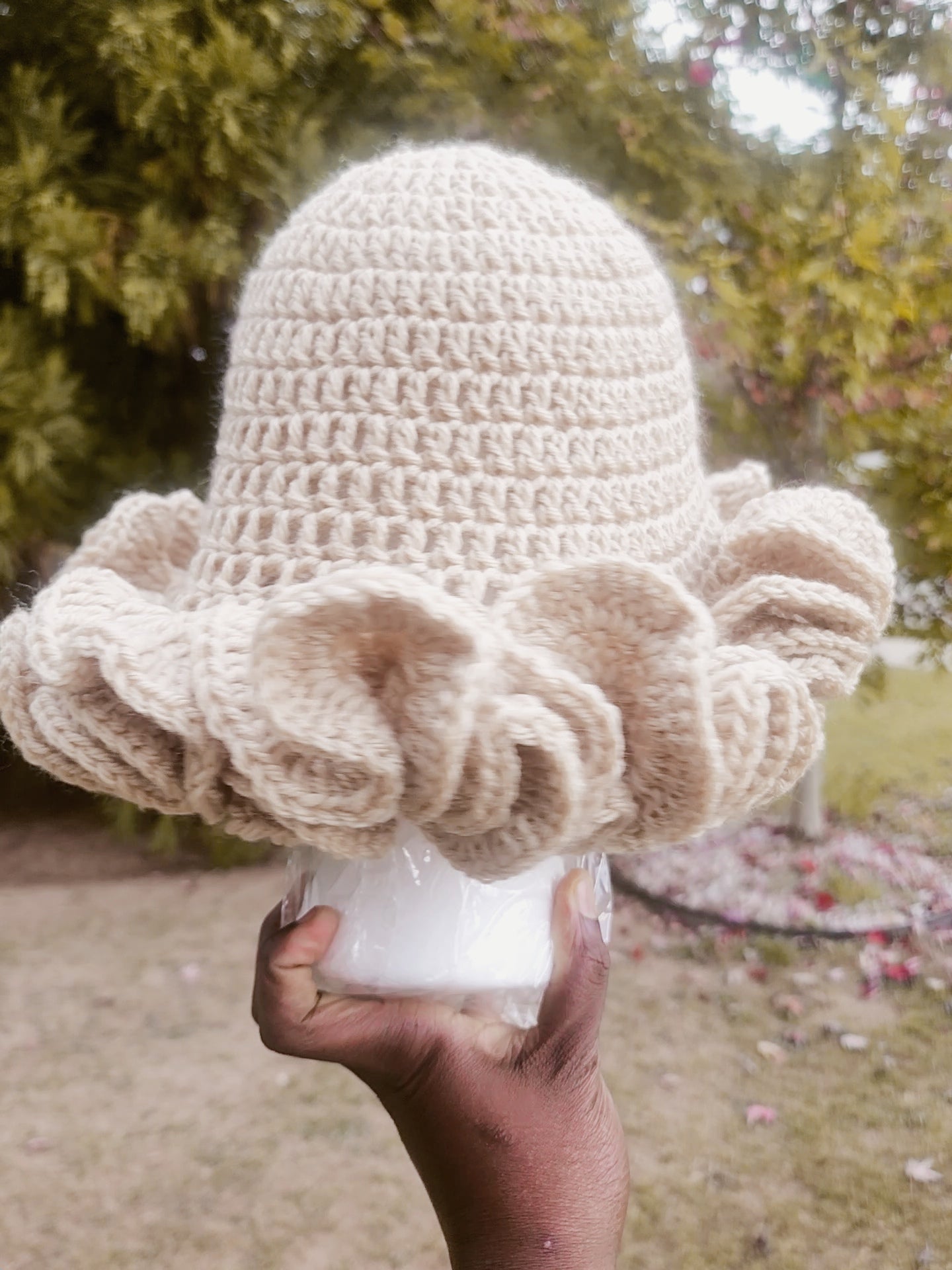 Soft and comfortable womans Beige crochet ruffle hat