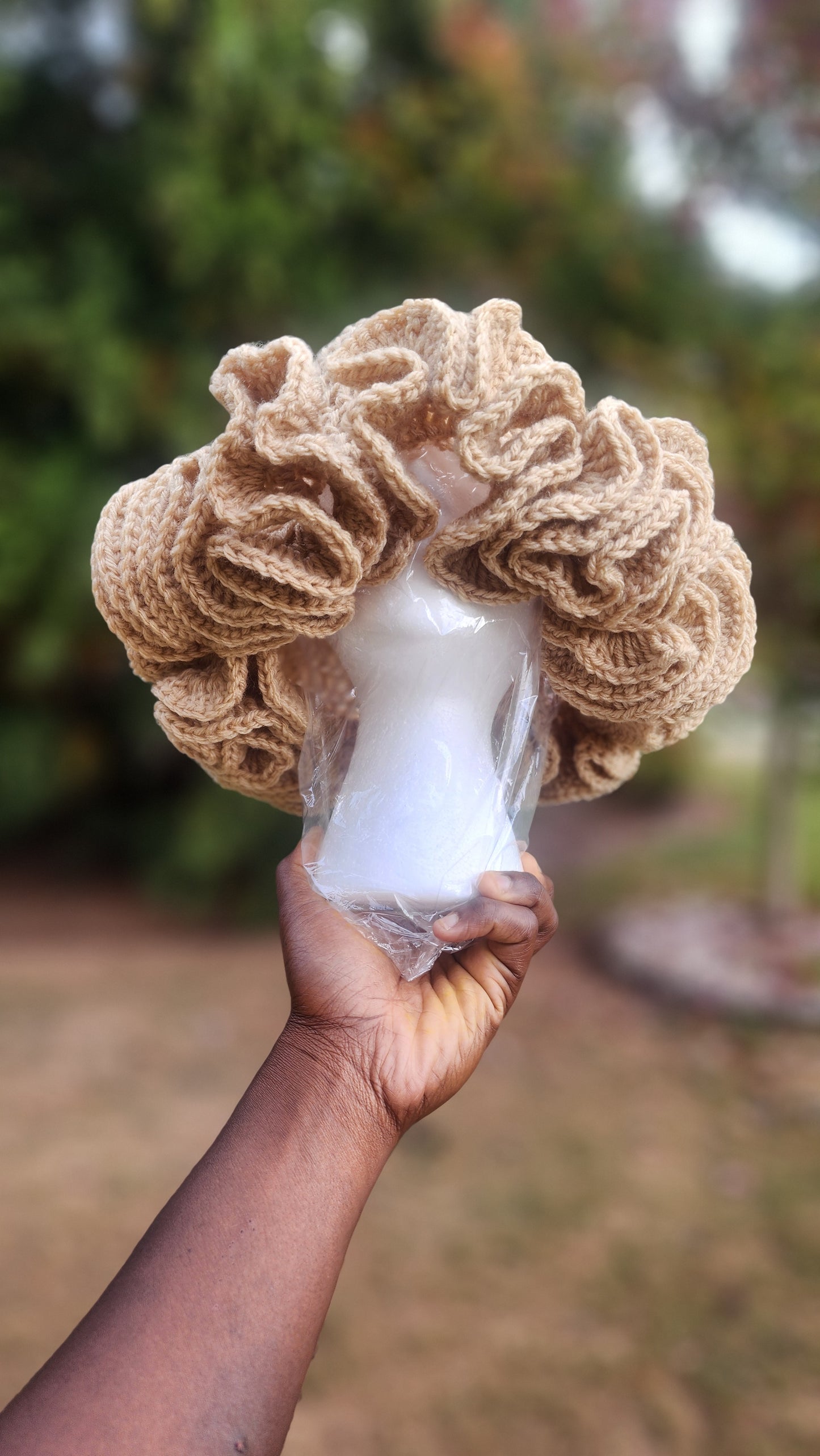 Soft and comfortable womans Beige crochet ruffle hat