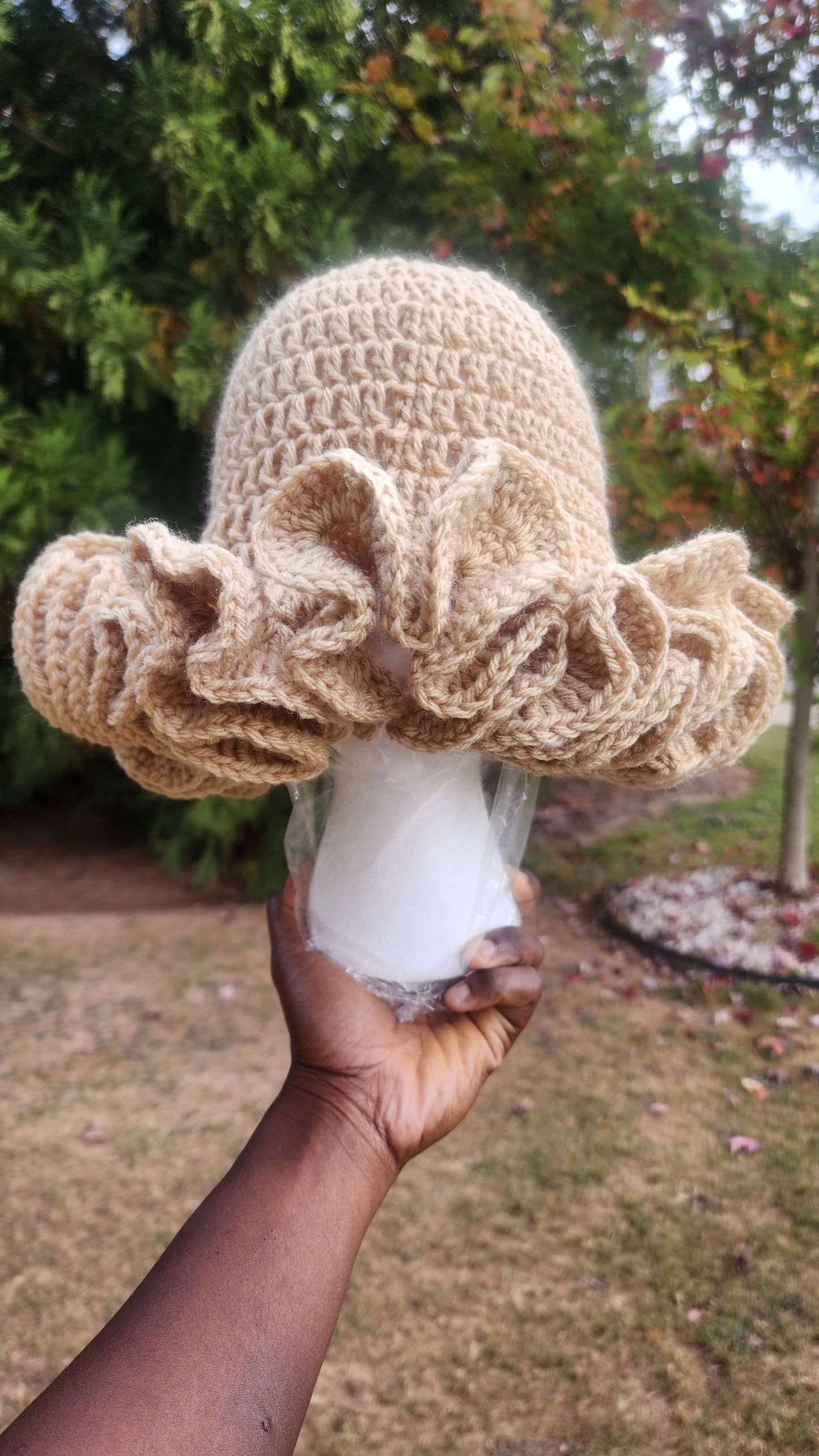 Soft and comfortable womans Beige crochet ruffle hat