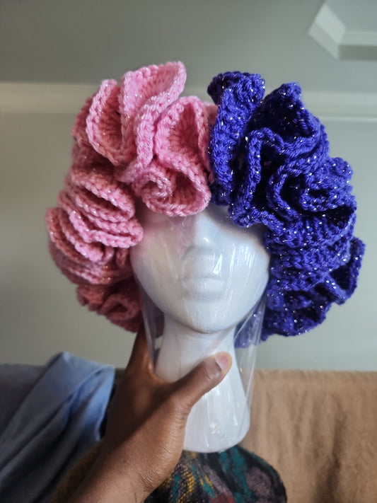Pink Purple Sliver Crochet Ruffle Hat for Women and Teen Age Girls