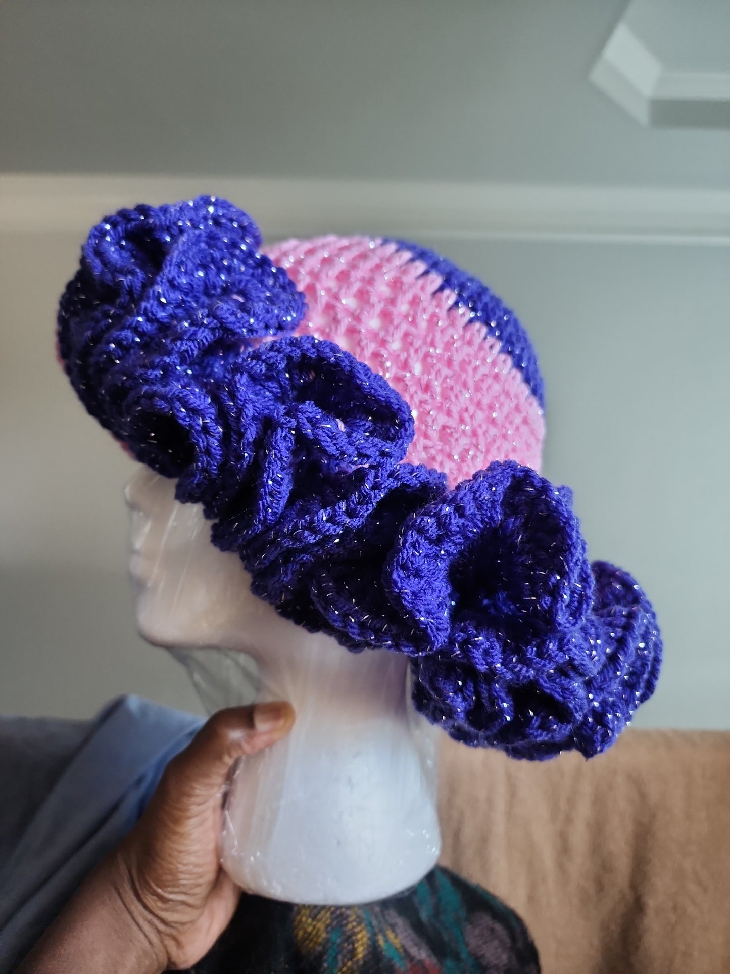 Pink Purple Sliver Crochet Ruffle Hat for Women and Teen Age Girls