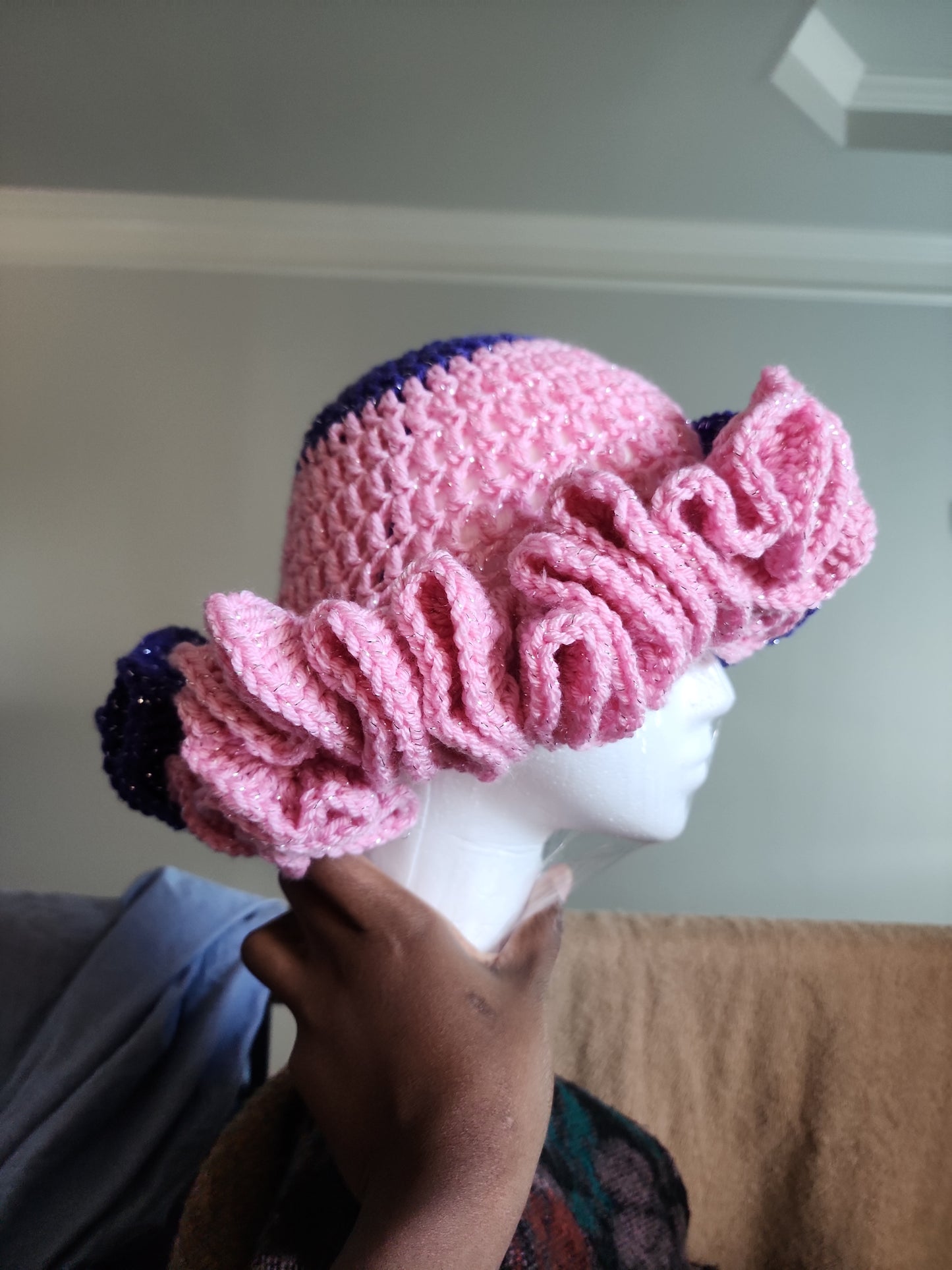 Pink Purple Sliver Crochet Ruffle Hat for Women and Teen Age Girls