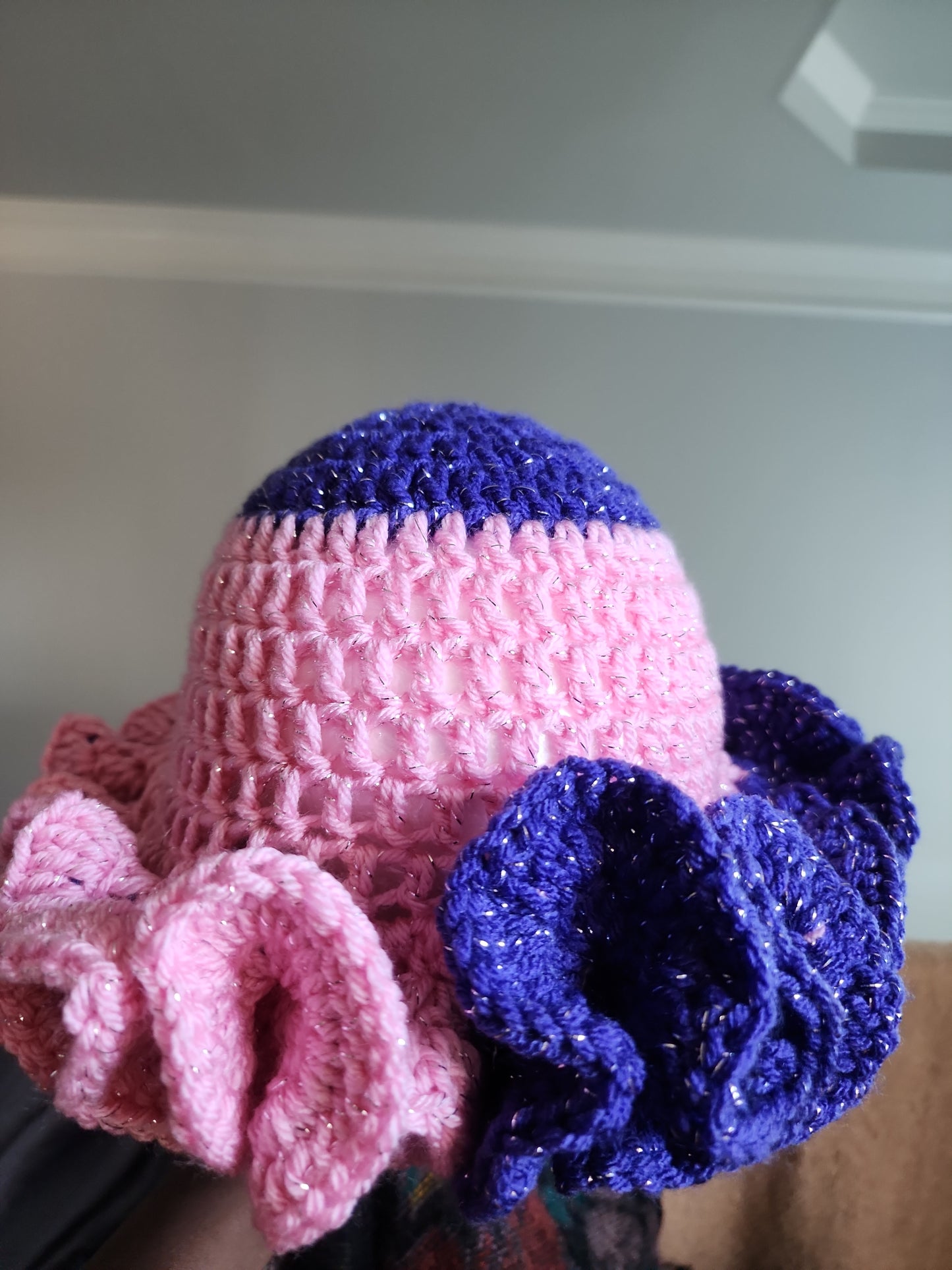 Pink Purple Sliver Crochet Ruffle Hat for Women and Teen Age Girls