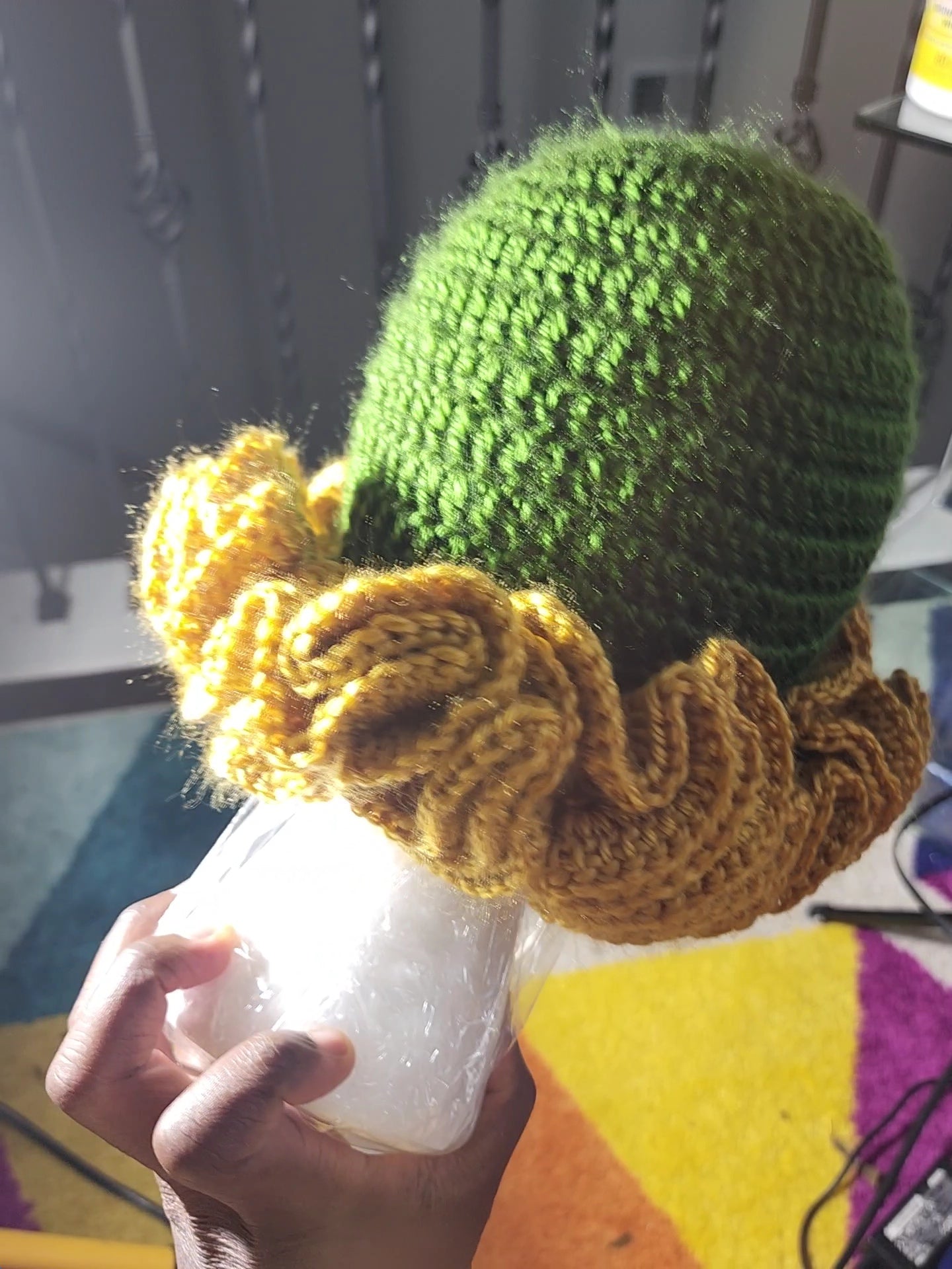 Green and gold feast day ruffle crochet hat custom made crown for women