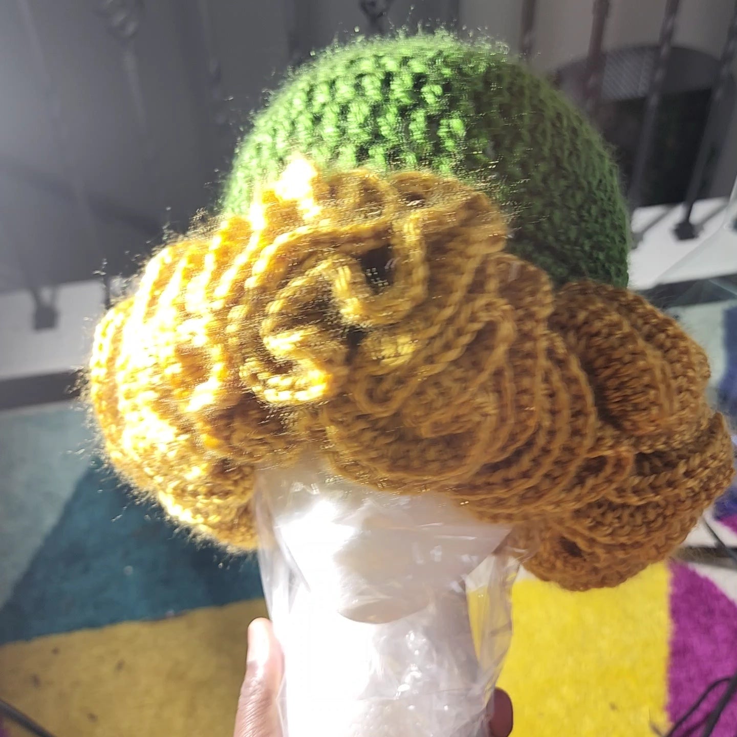 Green and gold feast day ruffle crochet hat custom made crown for women