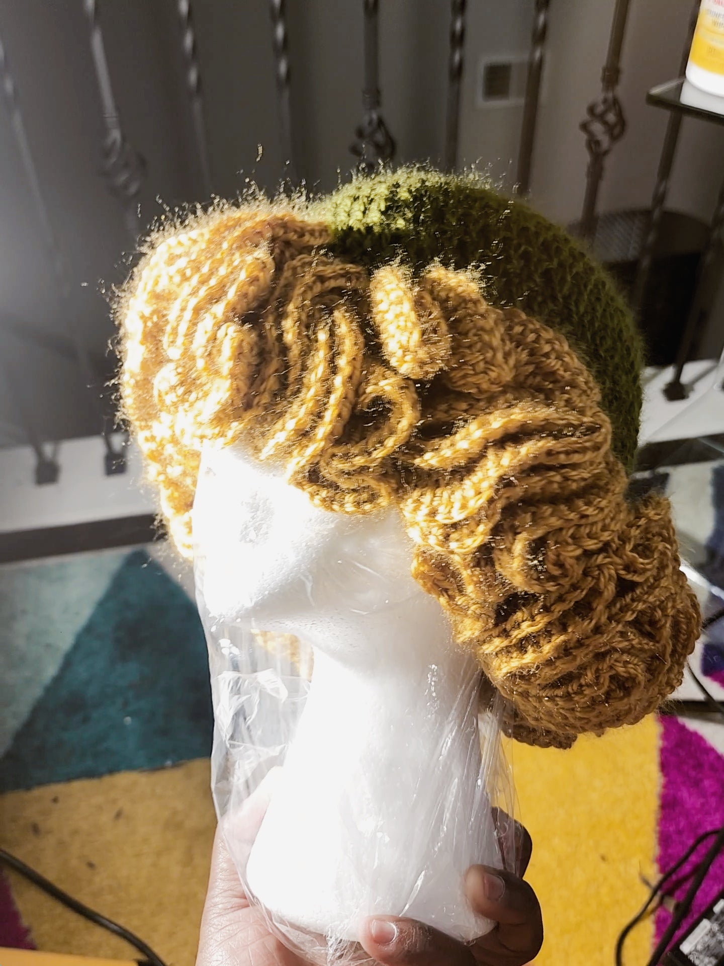 Green and gold feast day ruffle crochet hat custom made crown for women