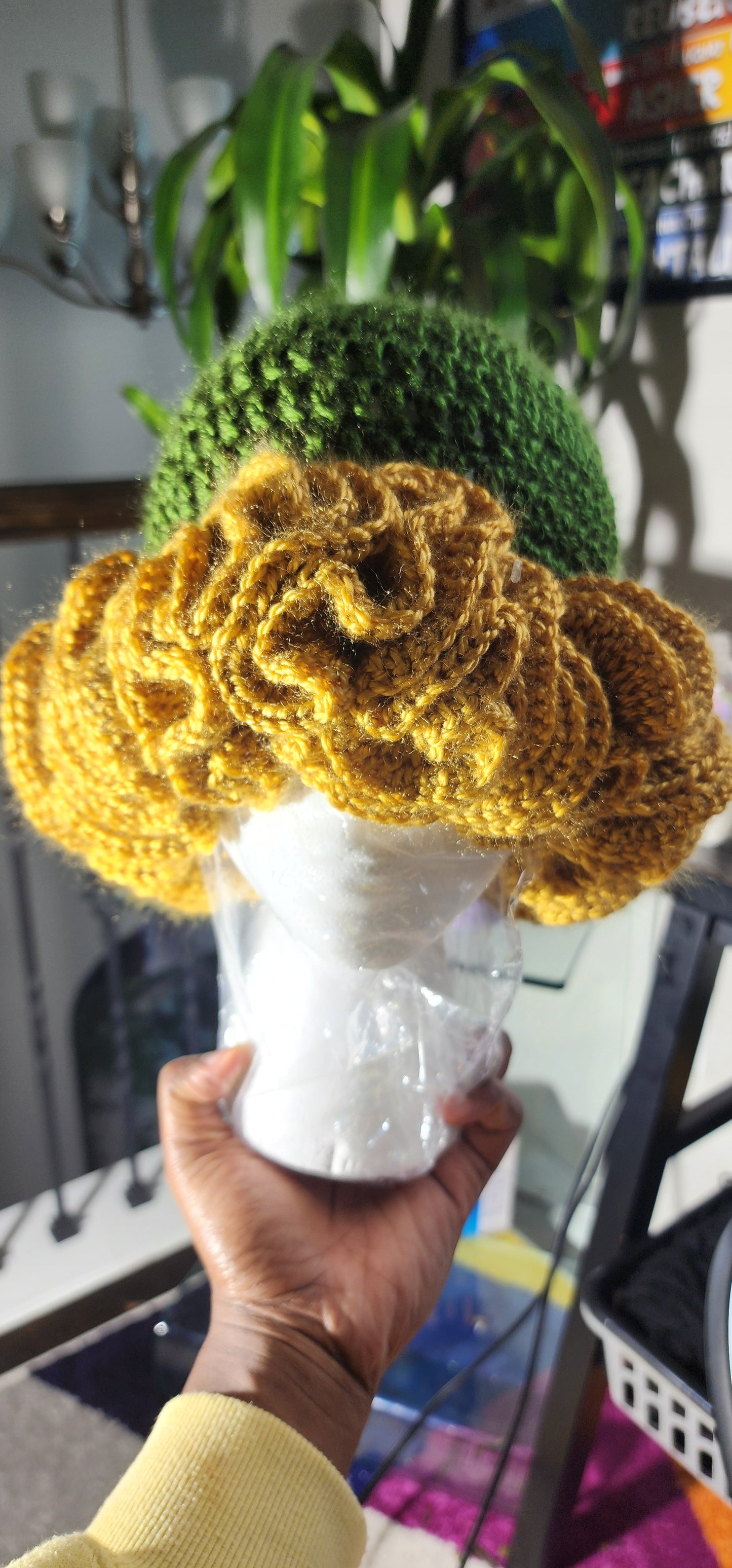 Green and gold feast day ruffle crochet hat custom made crown for women