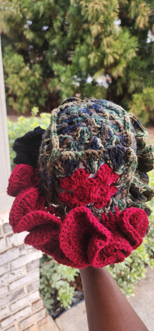 Handmade Multi Color Ruffle Hat for Women and Teens - Burgundy, Black, Camouflage Colors with Comfortable Fit