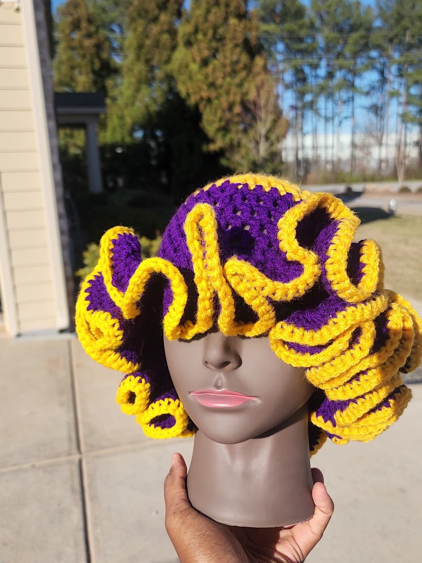 Purple and gold comfy woman's ruffle hat custom made sabbath crown