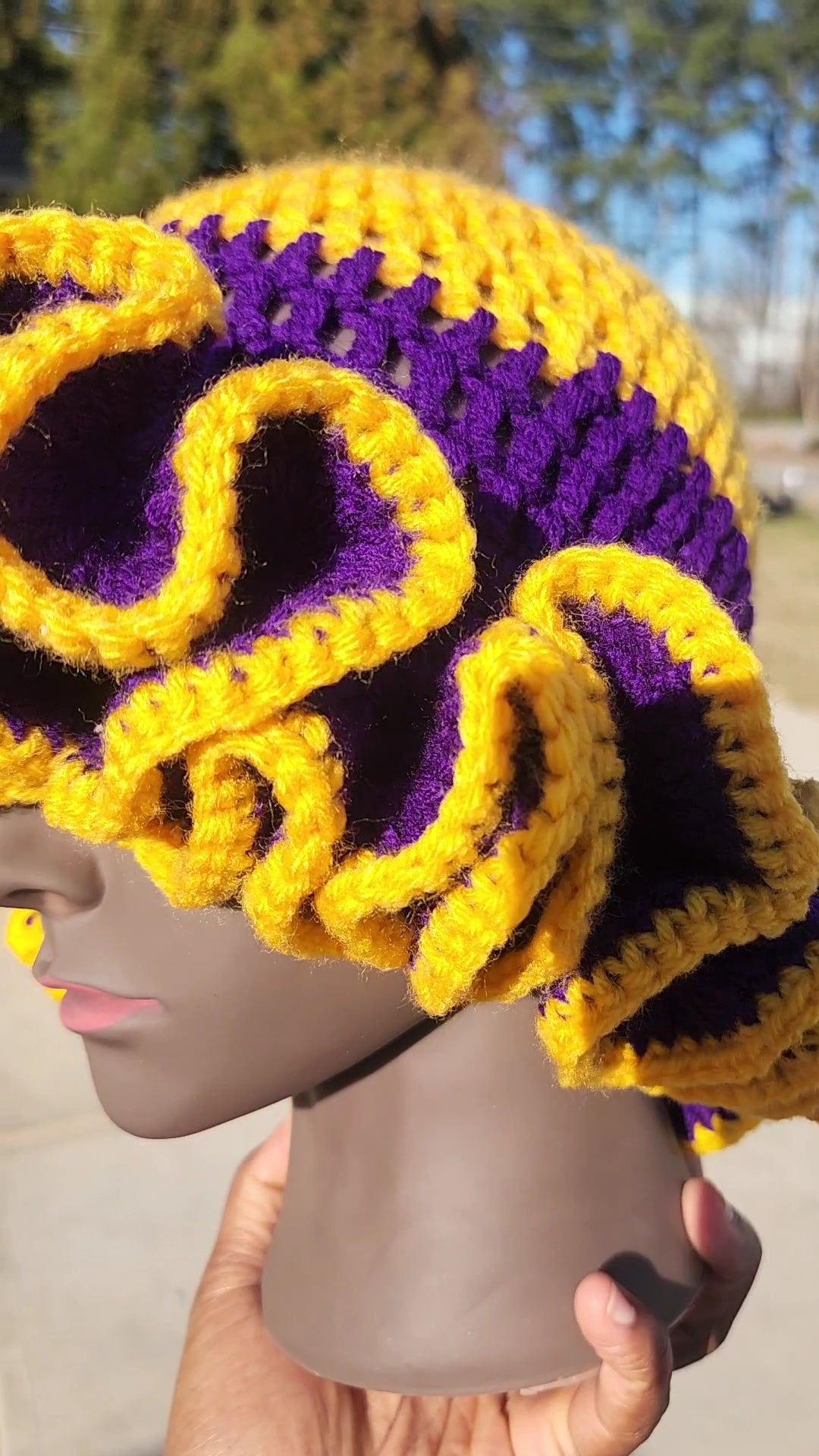 Purple and gold comfy woman's ruffle hat custom made sabbath crown