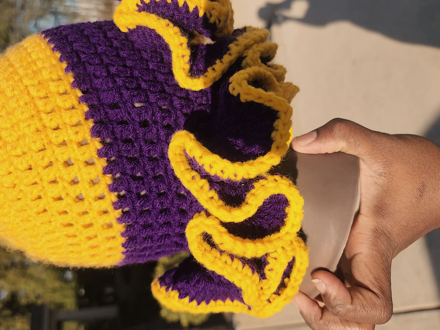 Purple and gold comfy woman's ruffle hat custom made sabbath crown