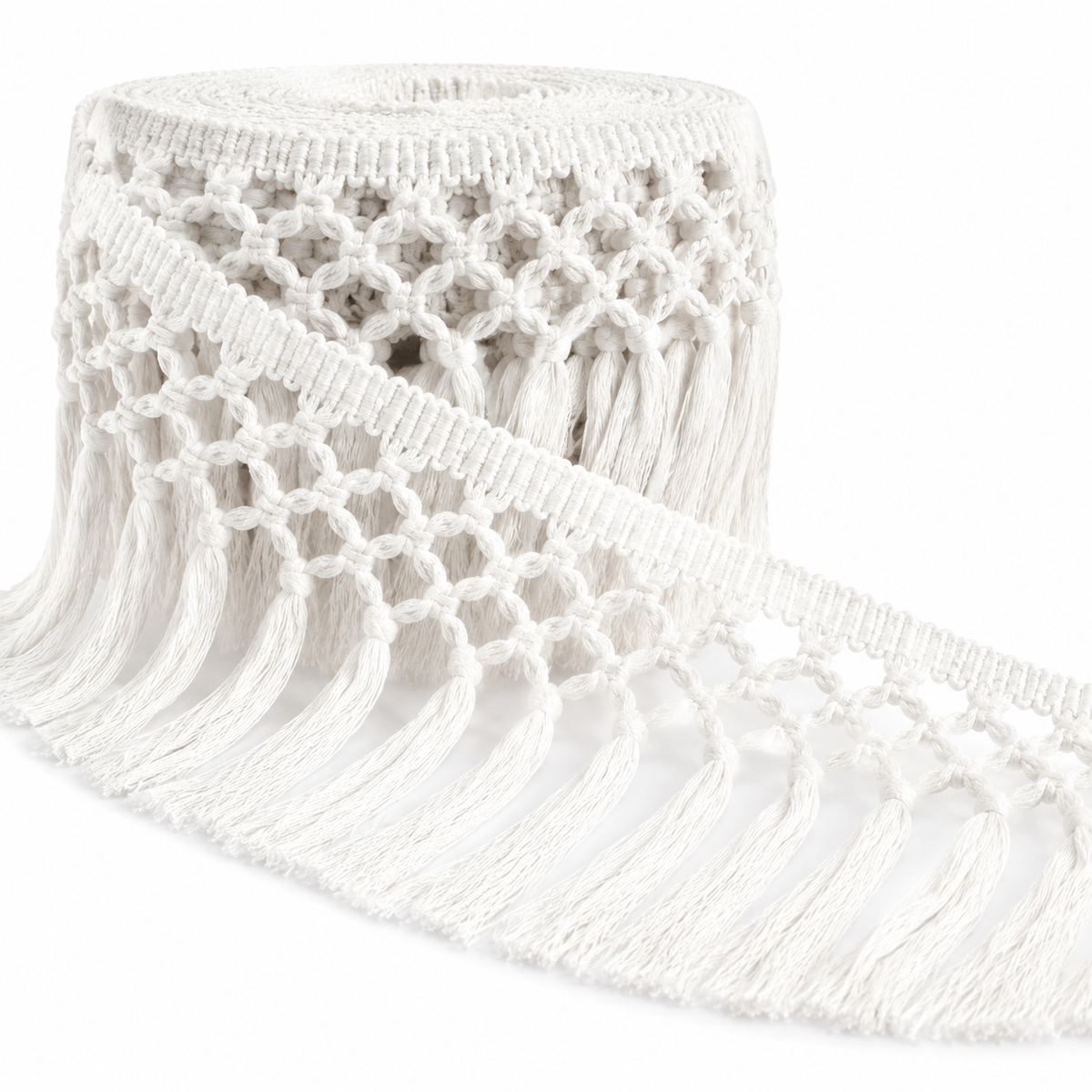 Ivory White Boho Macramé Tassel Fringe Trim – 5.5-Inch Wide, 3-Yard Roll
