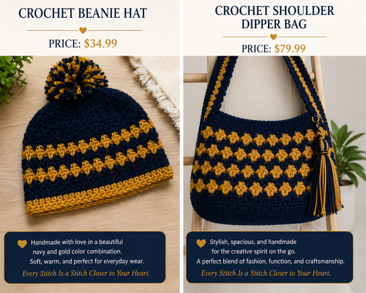 Navy and Gold  Crochet Hand Bag and Hat set