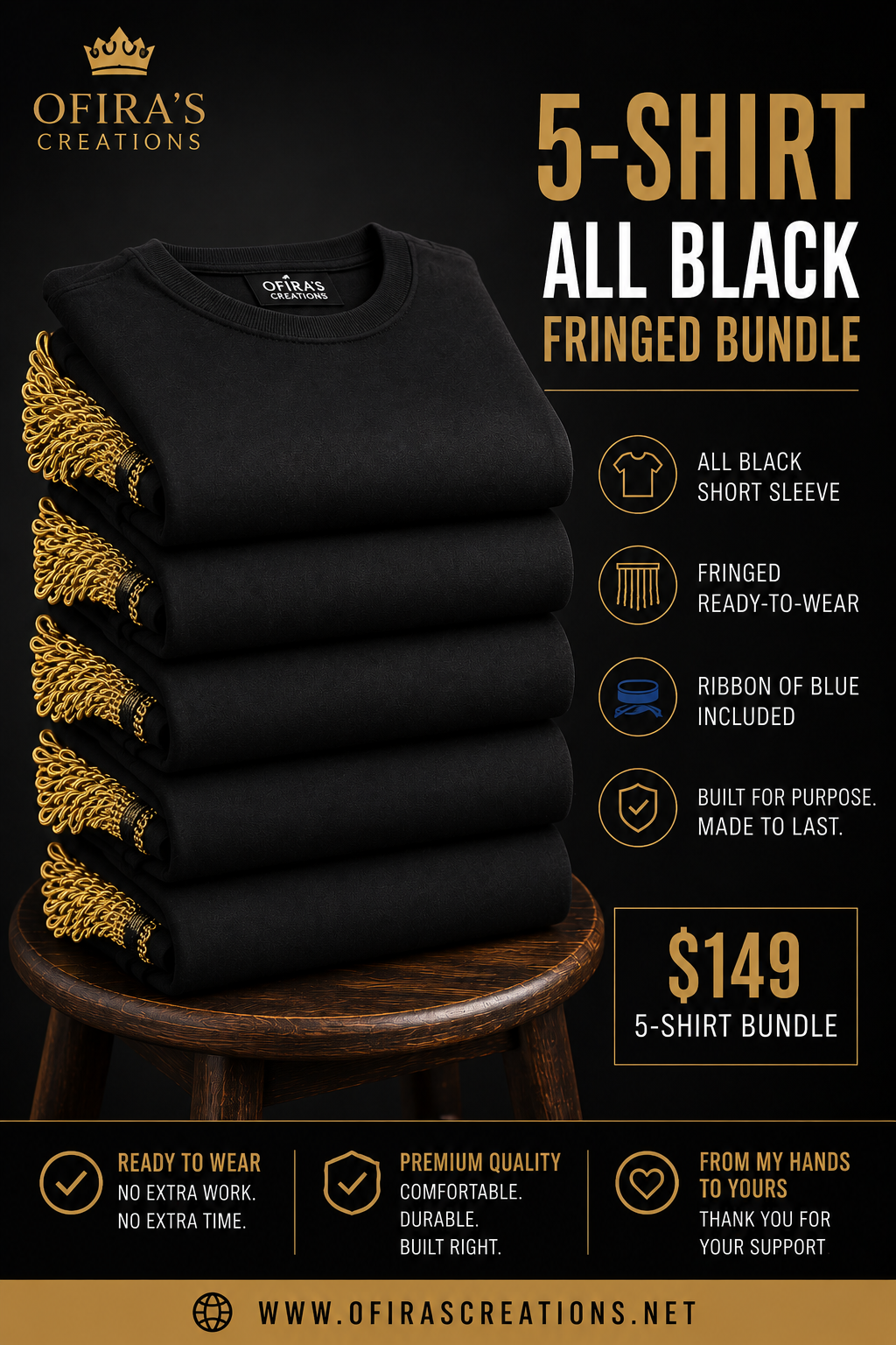 5-Shirt All Black Fringed Bundle | Ready-to-Wear Men’s Faith-Based Apparel with Ribbon of Blue
