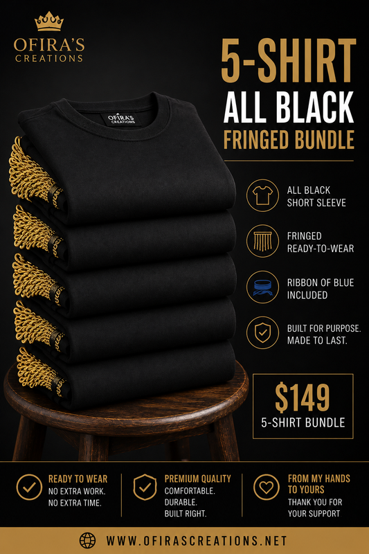 5-Shirt All Black Fringed Bundle | Ready-to-Wear Men’s Faith-Based Apparel with Ribbon of Blue