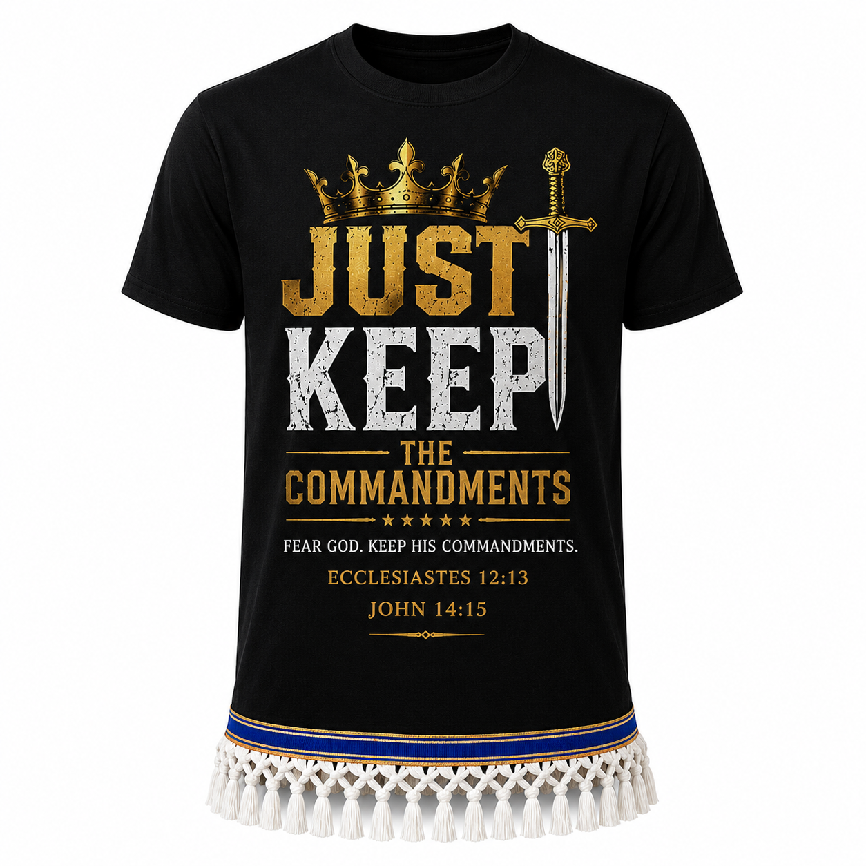 Just Keep the Commandments Shirt with Fringes & Ribbon of Blue | John 14:15 | Ecclesiastes 12:13 | Men's Faith-Based T-Shirt | Hebrew Heritage Apparel