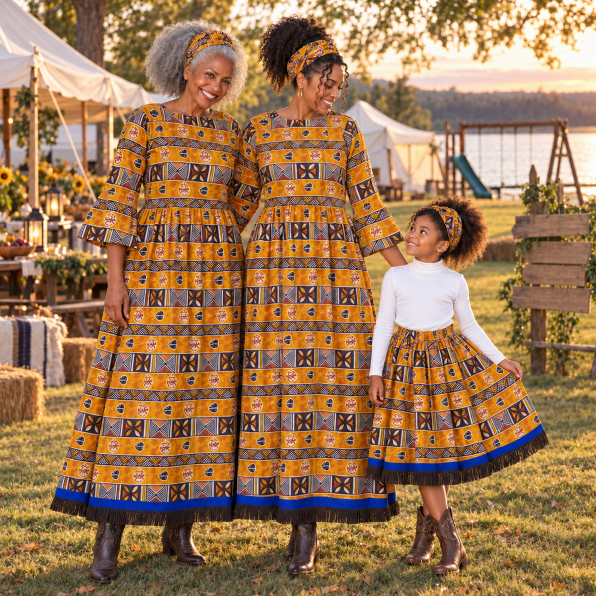 Mustard-Gold African Print Fringed Maxi Dress | One Size Fits Up to 3XL