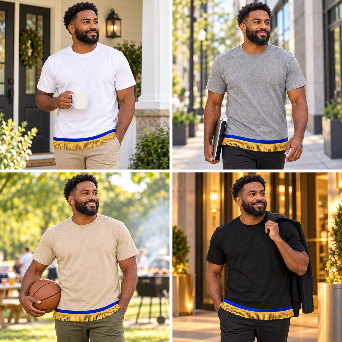 4-Pack Men’s Fringed Shirt Bundle – Black, Gray, White & Beige