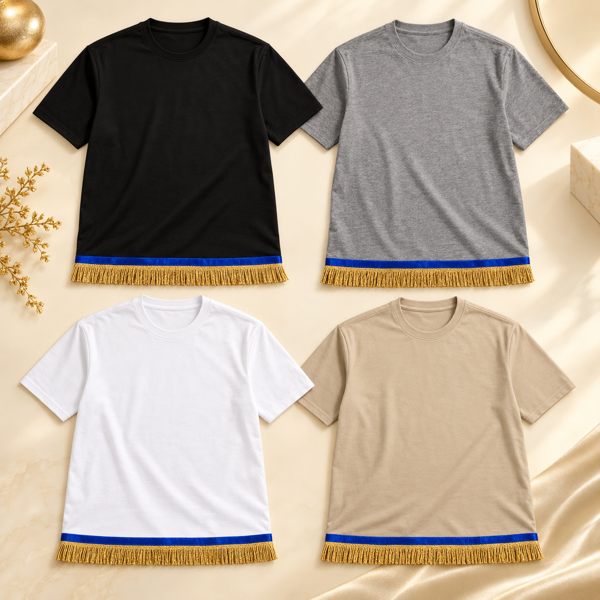 4-Pack Men’s Fringed Shirt Bundle – Black, Gray, White & Beige