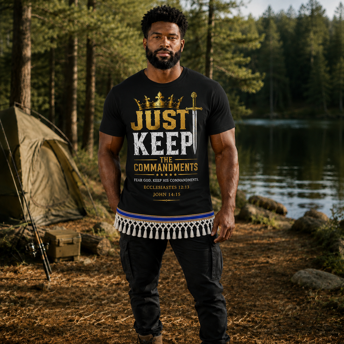 Just Keep the Commandments Shirt with Fringes & Ribbon of Blue | John 14:15 | Ecclesiastes 12:13 | Men's Faith-Based T-Shirt | Hebrew Heritage Apparel