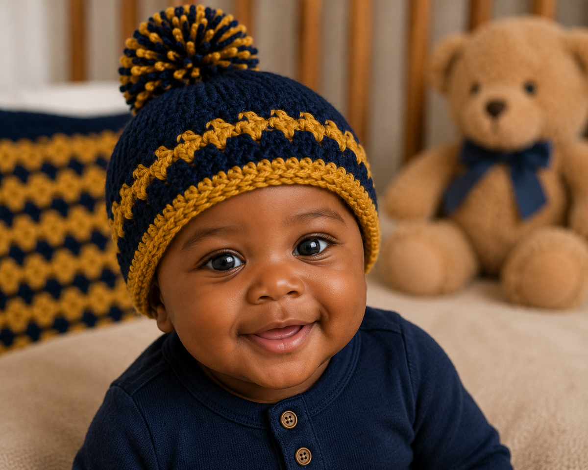 Navy and Gold Baby Crochet Ruffle Hat
