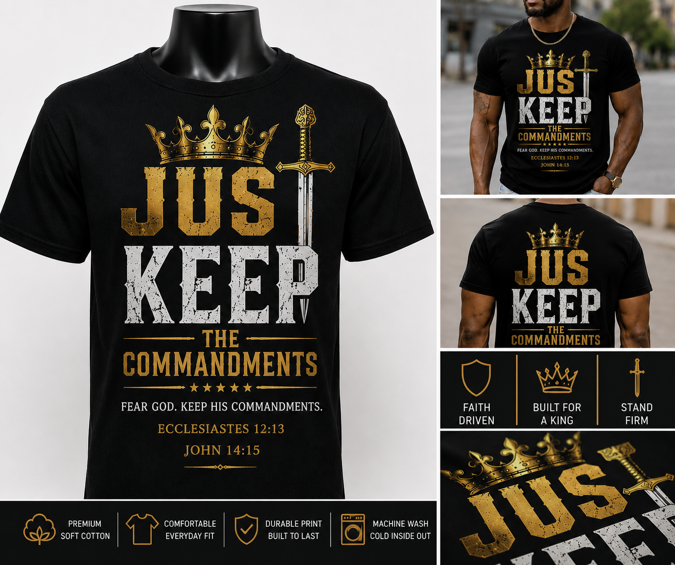 Just Keep the Commandments Shirt with Fringes & Ribbon of Blue | John 14:15 | Ecclesiastes 12:13 | Men's Faith-Based T-Shirt | Hebrew Heritage Apparel