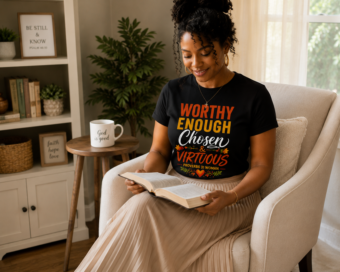 I Am Worthy Enough Chosen & Virtuous Proverbs 31 Woman T-Shirt | Christian Graphic Tee for Women | Faith-Based Modest Apparel Black Women’s basic softstyle t-shirt (Copy)