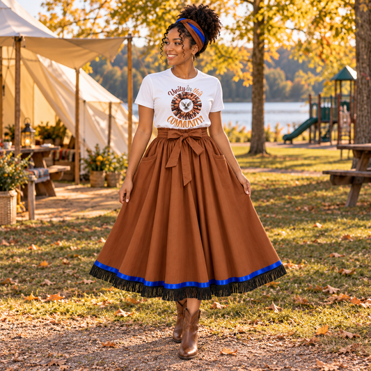 Unity in This Community T-Shirt &amp; Brown Fringed Maxi Skirt Set 3 piece set