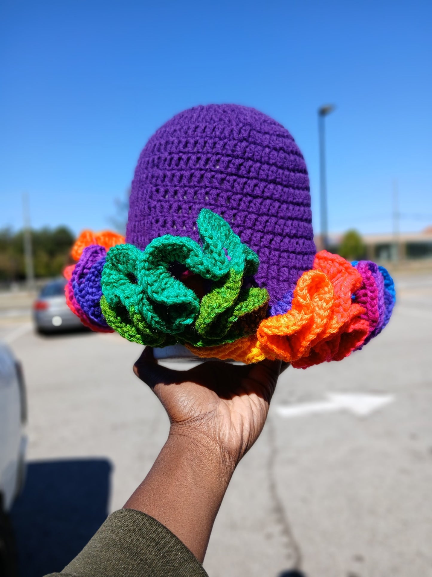 Purple and rainbow 🌈 ruffle hat