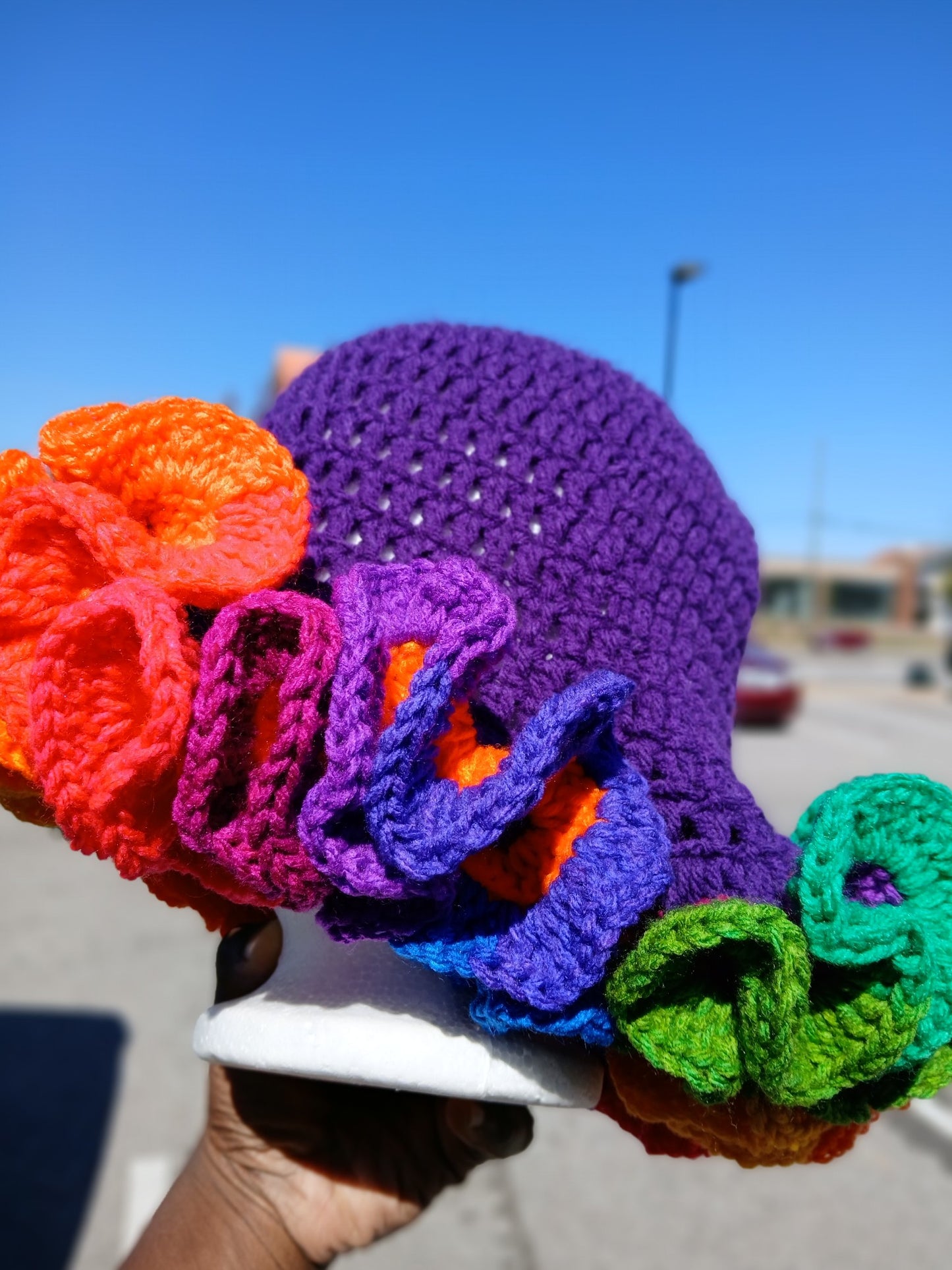 Purple and rainbow 🌈 ruffle hat