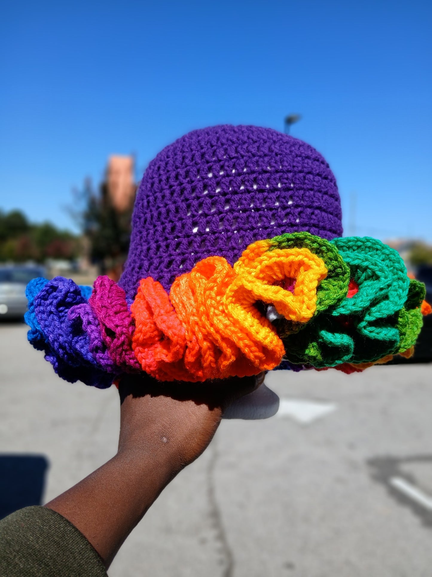 Purple and rainbow 🌈 ruffle hat